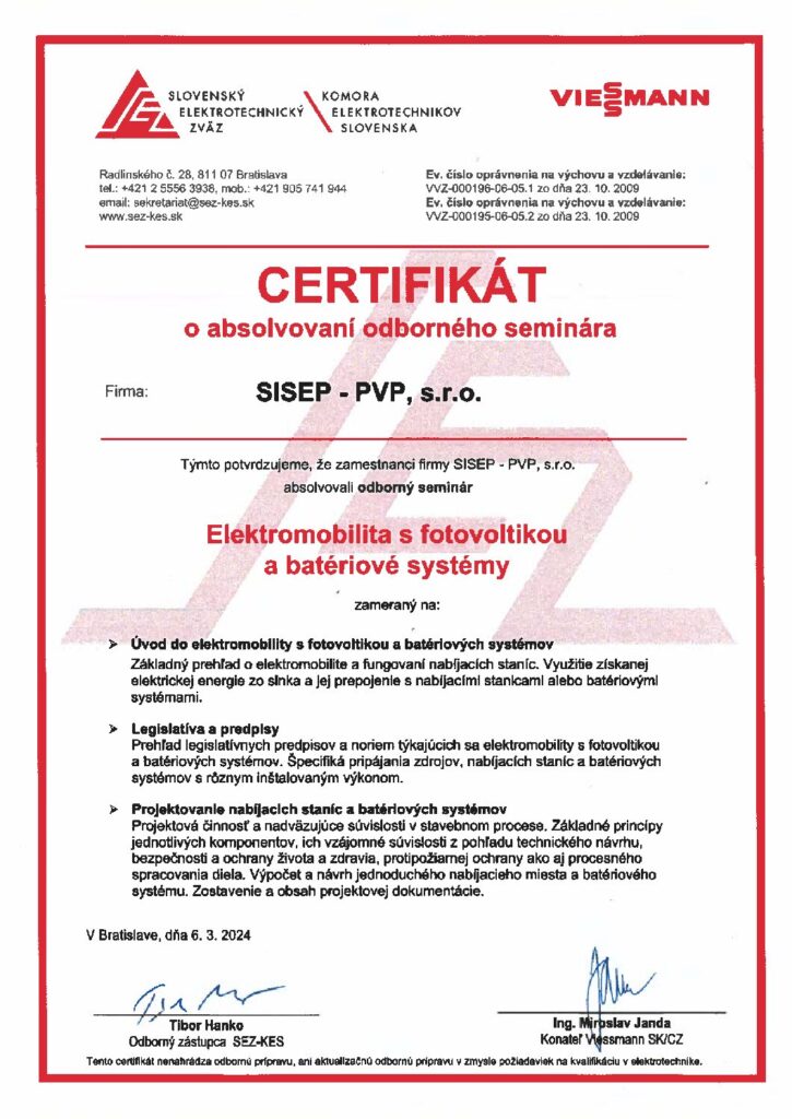 Certifikát - elektromobilita s fotovoltaikou