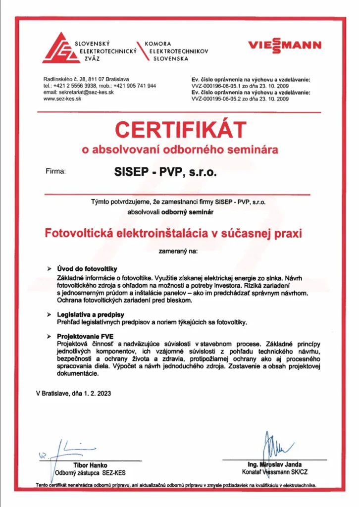Certifikát - inštalácia fotovoltaiky